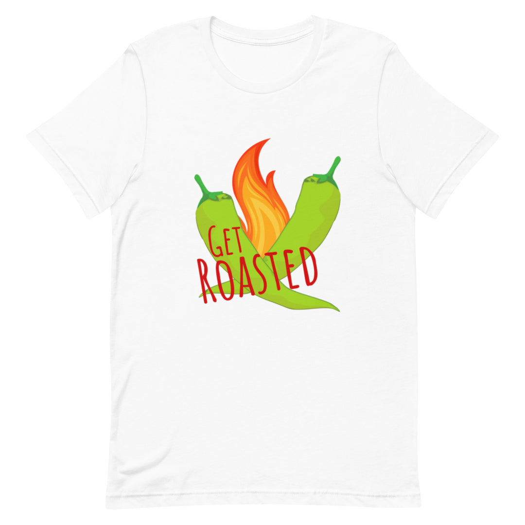 A lightweight cotton tee, the Get Roasted Shirt features a graphic of two green peppers and an orange flame between them. The text "GET ROASTED" is written across the image in bold red letters.