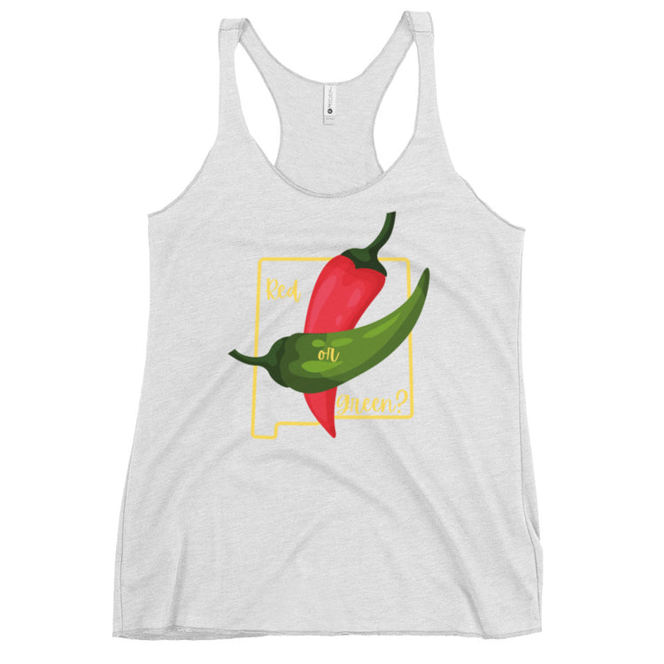 A State Question Women's Tank featuring a graphic of a red chili pepper and a green chili pepper crossed in the center. The words "Red or Green?" are written around the peppers in a playful yellow font.