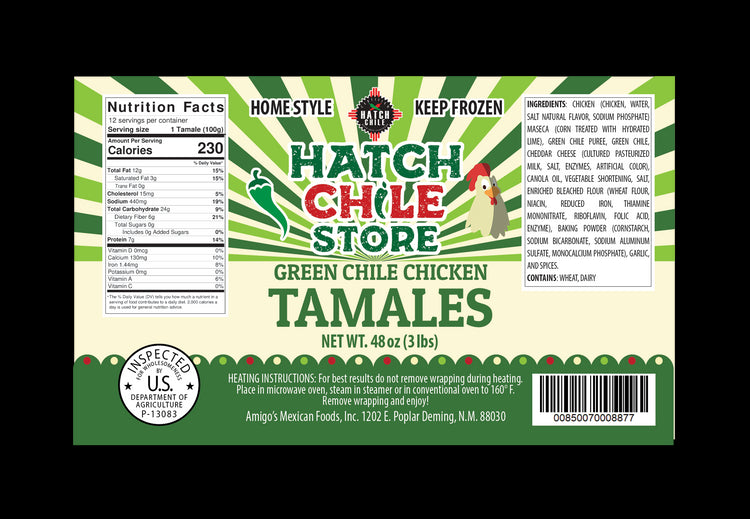 A product label for Hatch Green Chile Chicken Tamales store's home style green chile chicken tamales, displaying nutritional facts, the USDA inspection seal, and brand details including the manufacturing location in Deming, NM