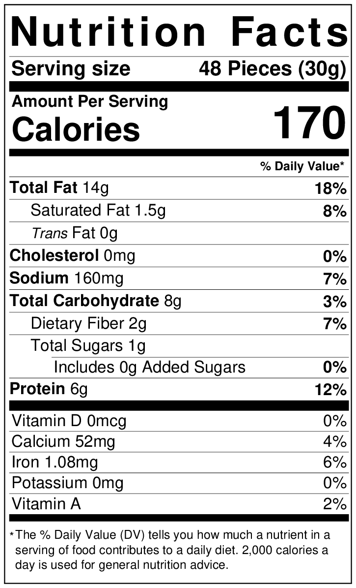 Nutrition facts label showing serving size, calories, and detailed breakdown of nutrients (fats, cholesterol, sodium, carbohydrates, sugars, protein, and vitamins) for Red Chile Pistachios