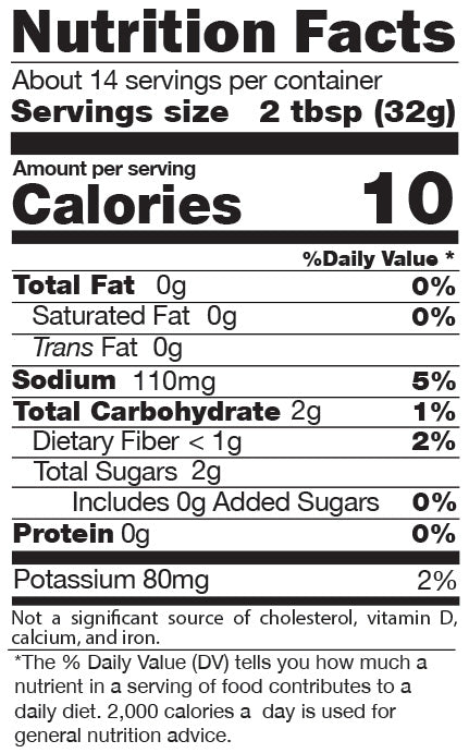 Nutrition facts label showing servings, calories, and nutrient details for Hatch Jalapeño Salsa. Includes information on fats, sodium, carbohydrates, sugars, and protein from ingredients like jalapenos.