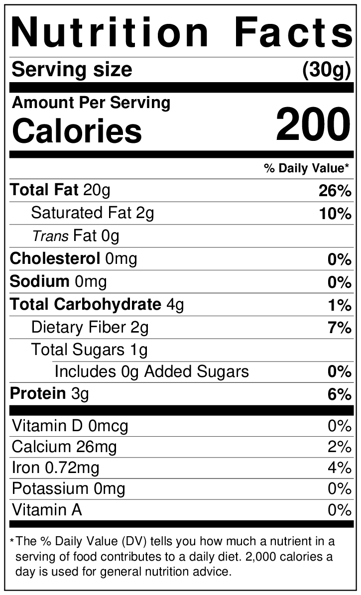 Sentence with product name: Nutrition facts label showing serving size and percentage daily values for calories, fats, cholesterol, sodium, carbohydrates, and vitamins for a 30g serving of Pecan Pieces.