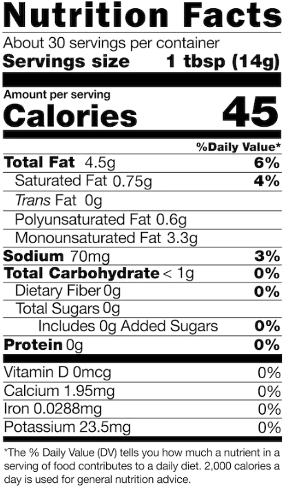 Nutrition label for Hatch Jalapeño Salsa Verde displaying information like serving size (1 tbsp), calories (0), total fat (4.5g), sodium (70mg), and other details such as 0