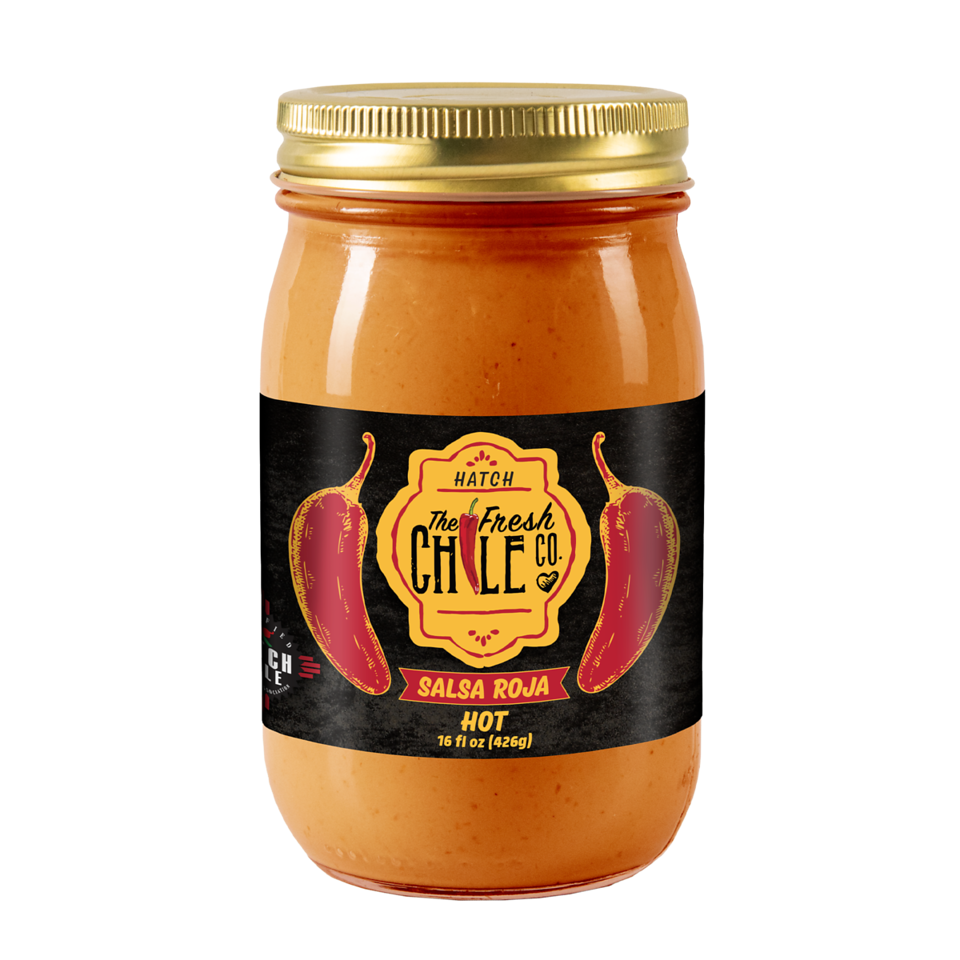 Sentence with product name: A jar of Hatch Jalapeño Salsa Roja, featuring a bold black label with red chili pepper graphics, highlighting the text "hot." The salsa has a creamy orange-red color.