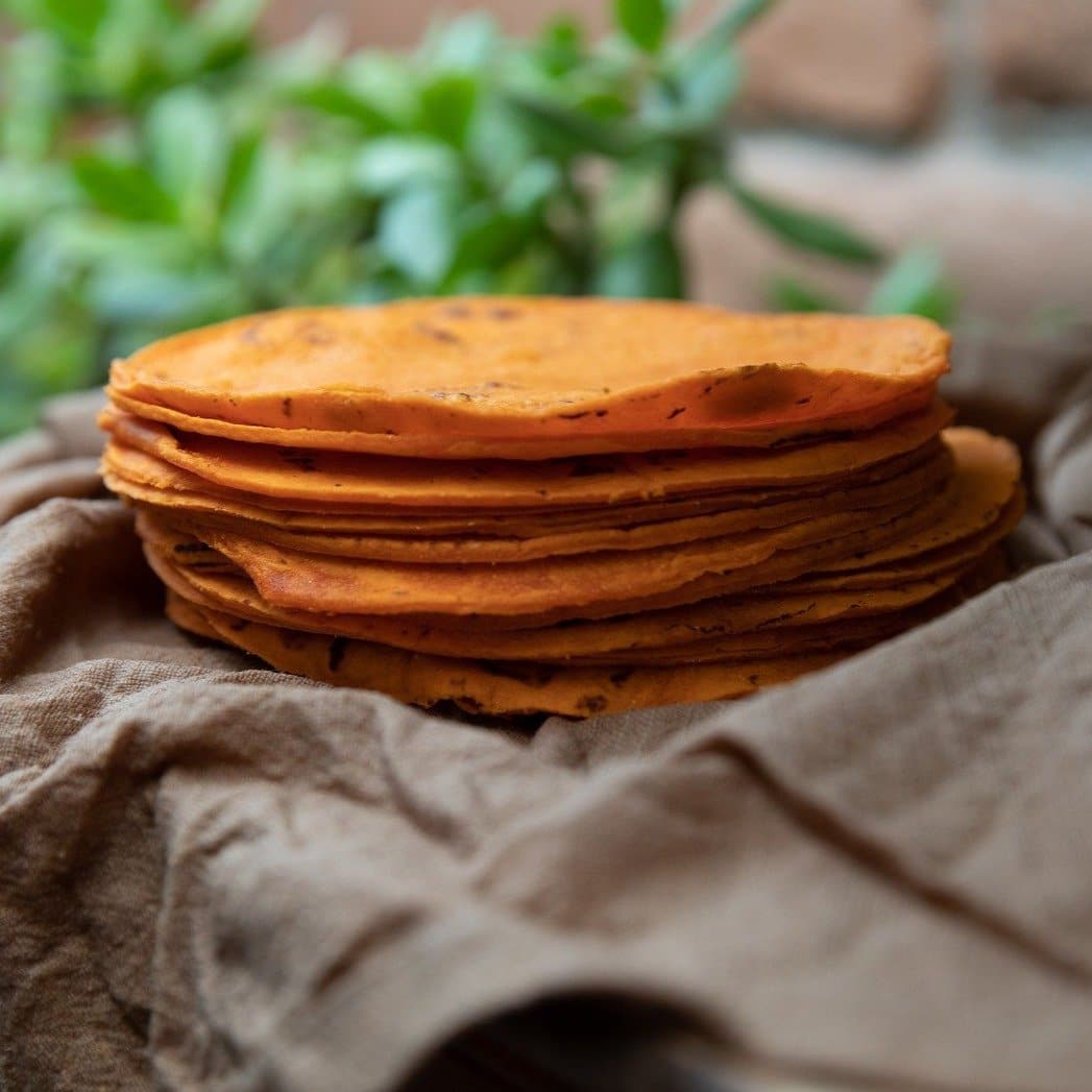 Stack of homemade Red Chile corn tortillas on a brown cloth with greenery in the background.