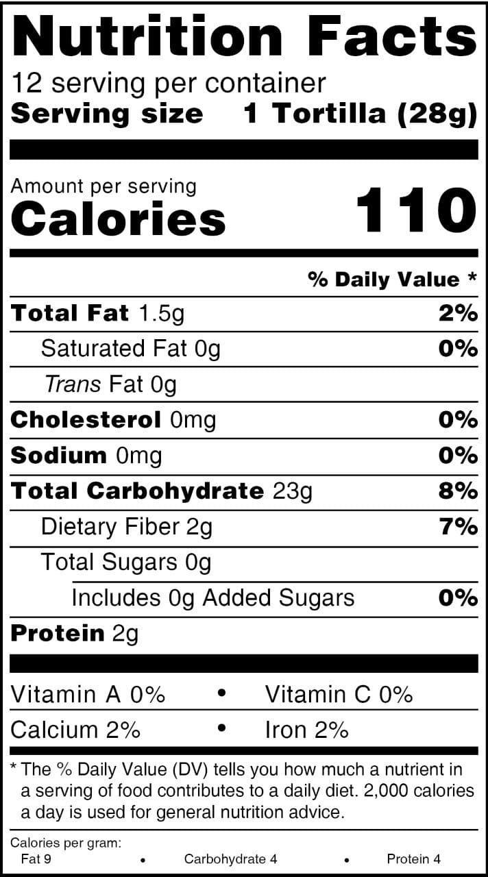 Nutrition label for Red Chile Corn Tortillas showing calories, fats, cholesterol, sodium, carbohydrates, dietary fiber, sugars, added sugars, protein, and vitamin percentages per serving.